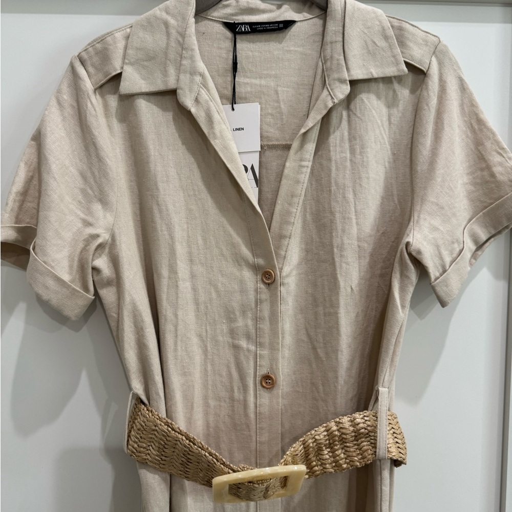 Zara Elegant Beige Button-Down Linen Dress - Picture 2 of 4